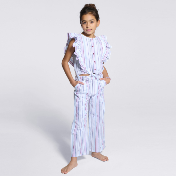 بلوزة مقلمة بها كشكشة، أرجوانية اللون للفتيات